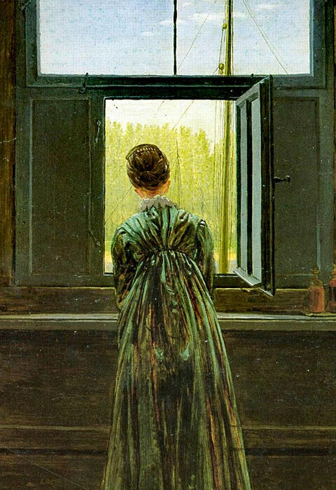 Caspar David Friedrich – Woman at a Window (1822) A woman in an Edwardian gown look away from the artist out a window, looking over water to the forest on the other side.