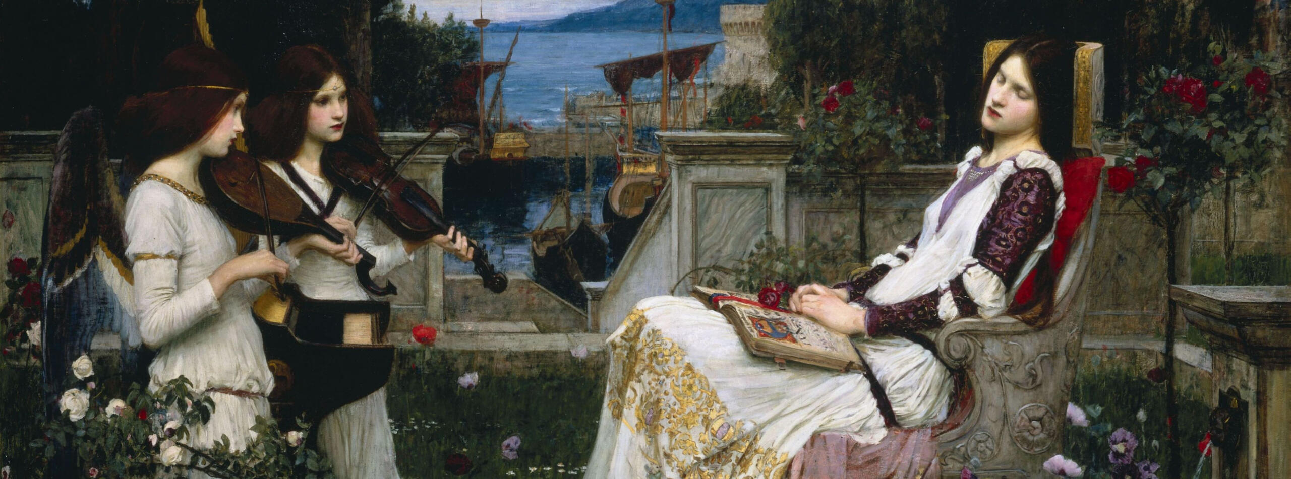 John William Waterhouse - Saint Cecilia - 1895 Saint Cecilia sitting in a garden overlooking the sea. She has fallen asleep and two youthful angels serenade her with a violin and a rebec.