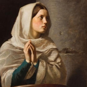 Young Woman Praying in Church - Jules-Adolphe Breton A young woman in a shawl folds her hands in prayer at a prie-dieu in a church.