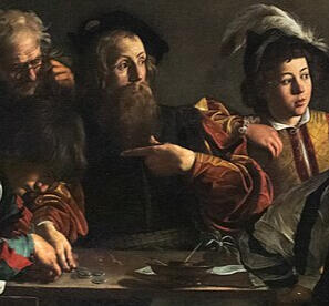 Detail, Caravaggio – The Calling of Saint Matthew (1599–1600) Matthew the tax collector hears Christ calling him and points at himself in disbelief.